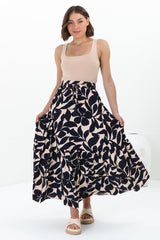 Hellen Maxi Skirt - High Waisted Skirt with Front Splits in Kiera Print Navy