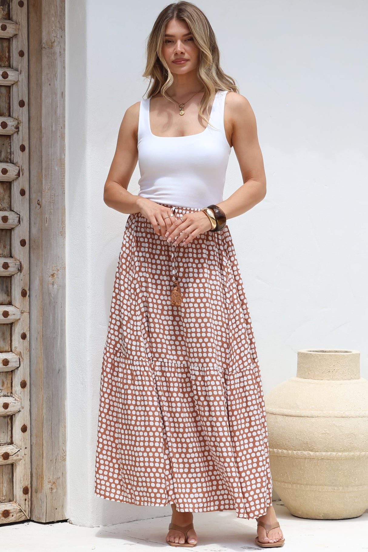 Hellen Maxi Skirt - High Waisted Skirt with Front Splits in Maryanne Print Tan