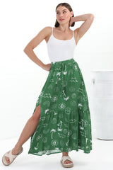 Hellen Maxi Skirt - High Waisted Skirt with Front Splits in Maui Print Green