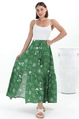 Hellen Maxi Skirt - High Waisted Skirt with Front Splits in Maui Print Green