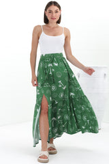 Hellen Maxi Skirt - High Waisted Skirt with Front Splits in Maui Print Green