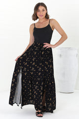 Hellen Maxi Skirt - High Waisted Skirt with Front Splits in Melany Print Black