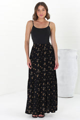 Hellen Maxi Skirt - High Waisted Skirt with Front Splits in Melany Print Black