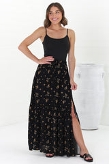 Hellen Maxi Skirt - High Waisted Skirt with Front Splits in Melany Print Black