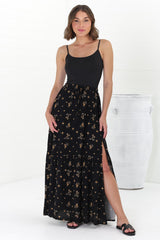 Hellen Maxi Skirt - High Waisted Skirt with Front Splits in Melany Print Black