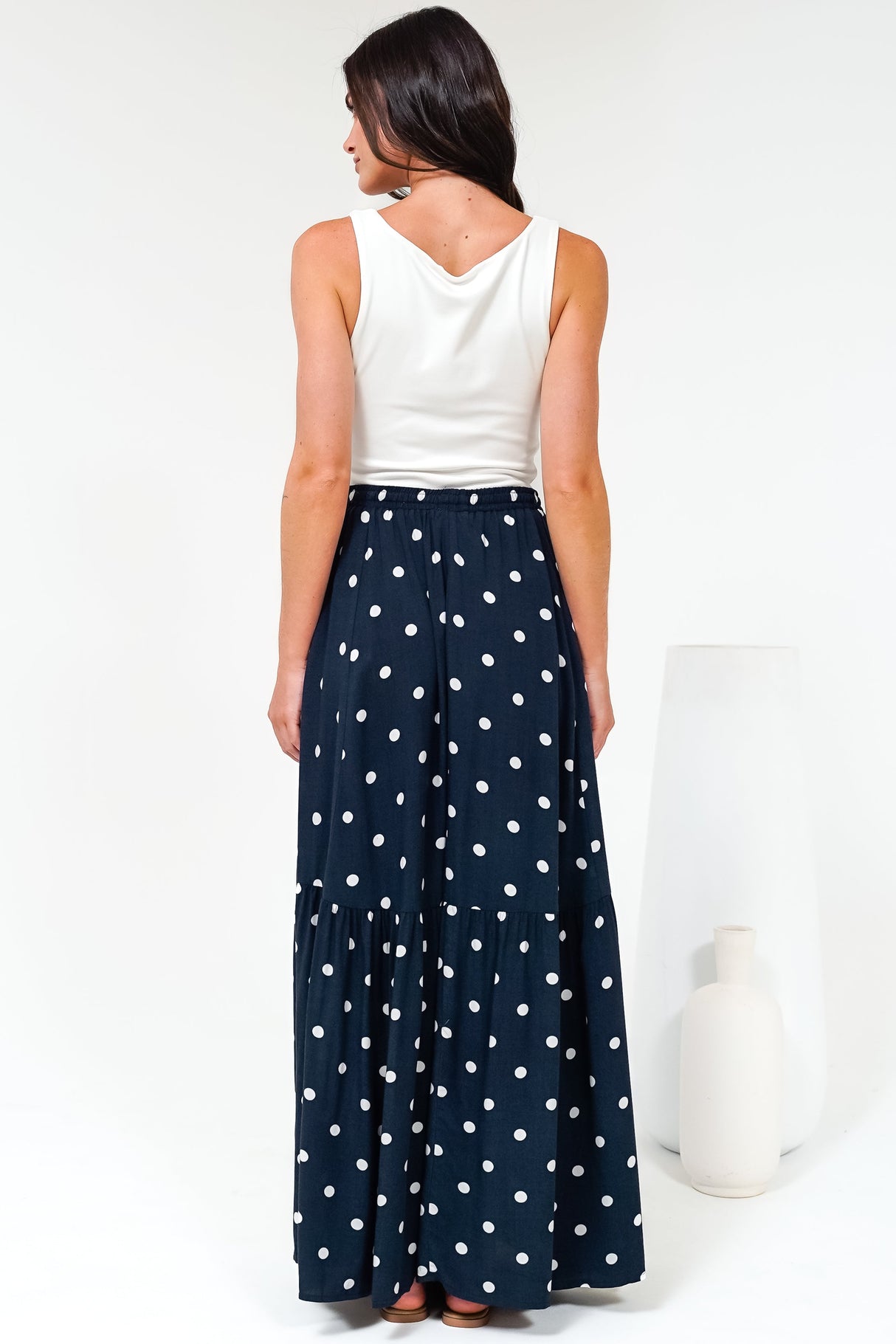 Hellen Maxi Skirt - High Waisted Skirt with Front Splits in Parisian Polka Print Navy