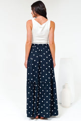 Hellen Maxi Skirt - High Waisted Skirt with Front Splits in Parisian Polka Print Navy