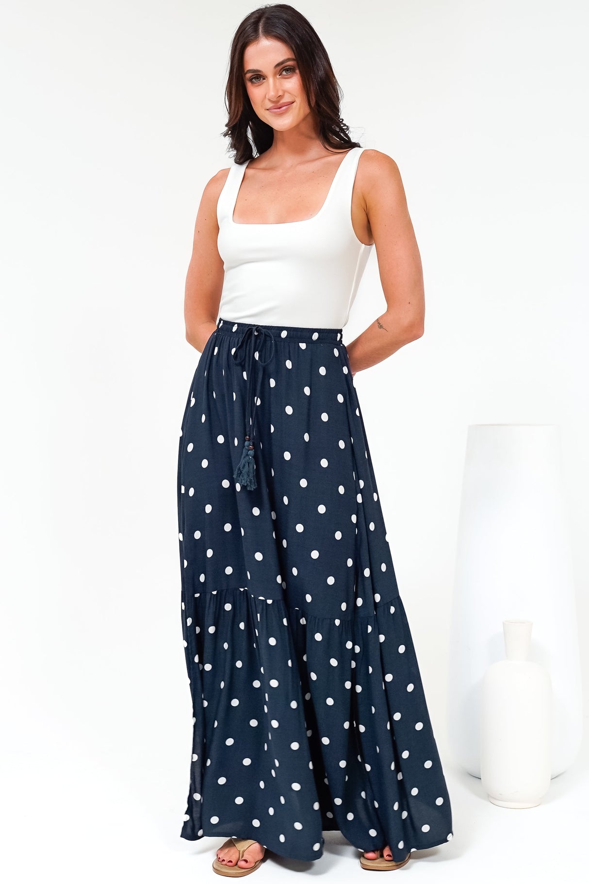 Hellen Maxi Skirt - High Waisted Skirt with Front Splits in Parisian Polka Print Navy