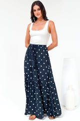 Hellen Maxi Skirt - High Waisted Skirt with Front Splits in Parisian Polka Print Navy