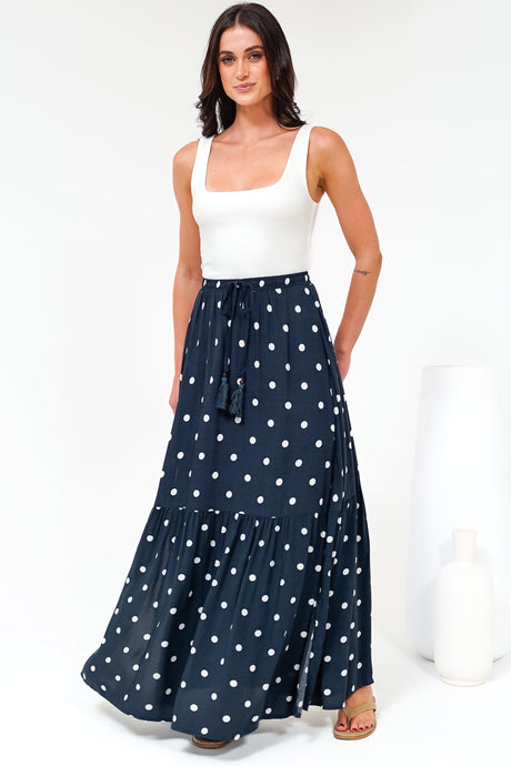 Hellen Maxi Skirt - High Waisted Skirt with Front Splits in Parisian Polka Print Navy