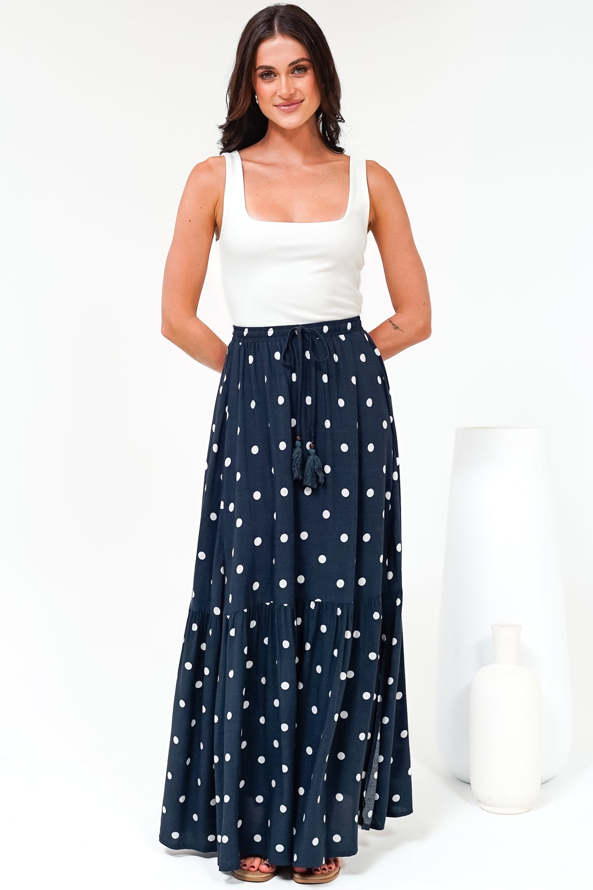 Hellen Maxi Skirt - High Waisted Skirt with Front Splits in Parisian Polka Print Navy