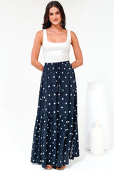 Hellen Maxi Skirt - High Waisted Skirt with Front Splits in Parisian Polka Print Navy