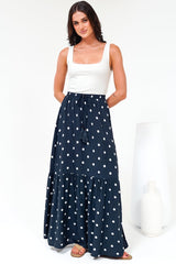 Hellen Maxi Skirt - High Waisted Skirt with Front Splits in Parisian Polka Print Navy