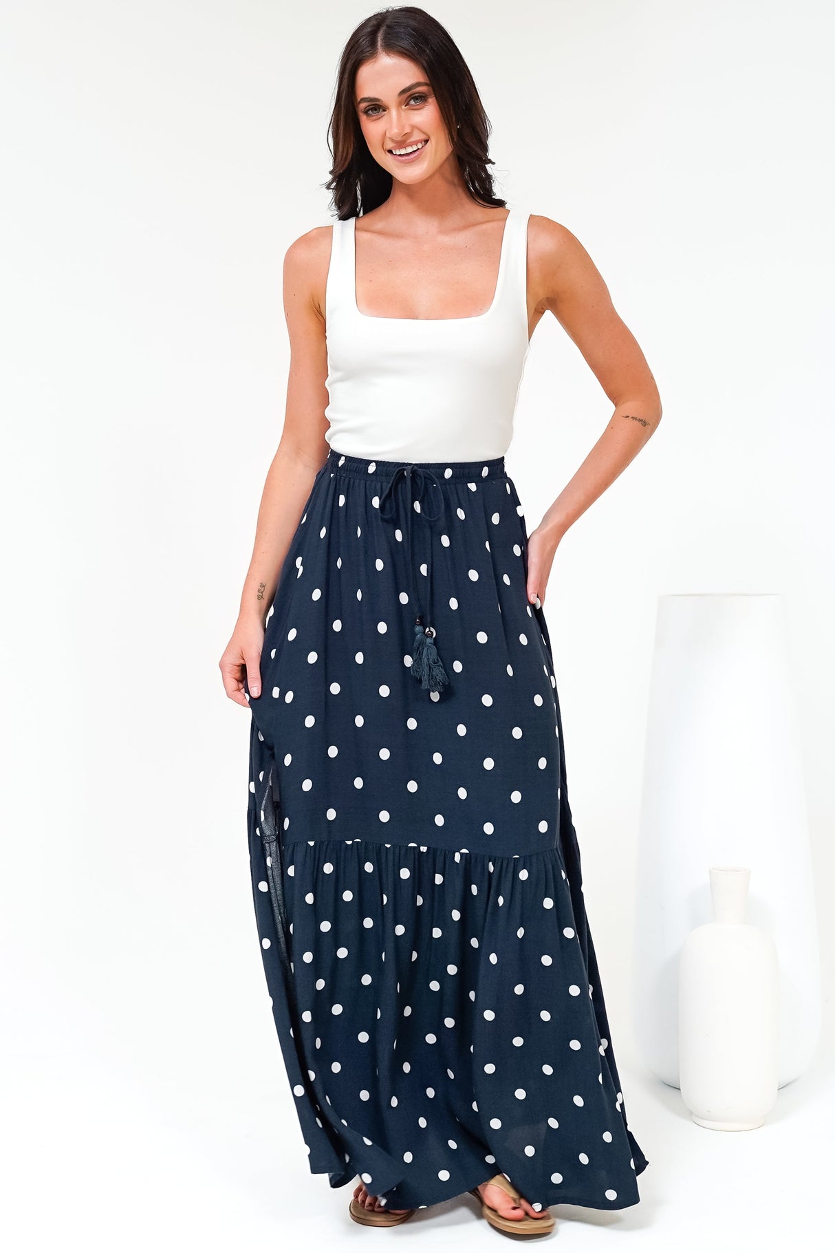 Hellen Maxi Skirt - High Waisted Skirt with Front Splits in Parisian Polka Print Navy