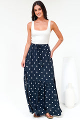 Hellen Maxi Skirt - High Waisted Skirt with Front Splits in Parisian Polka Print Navy