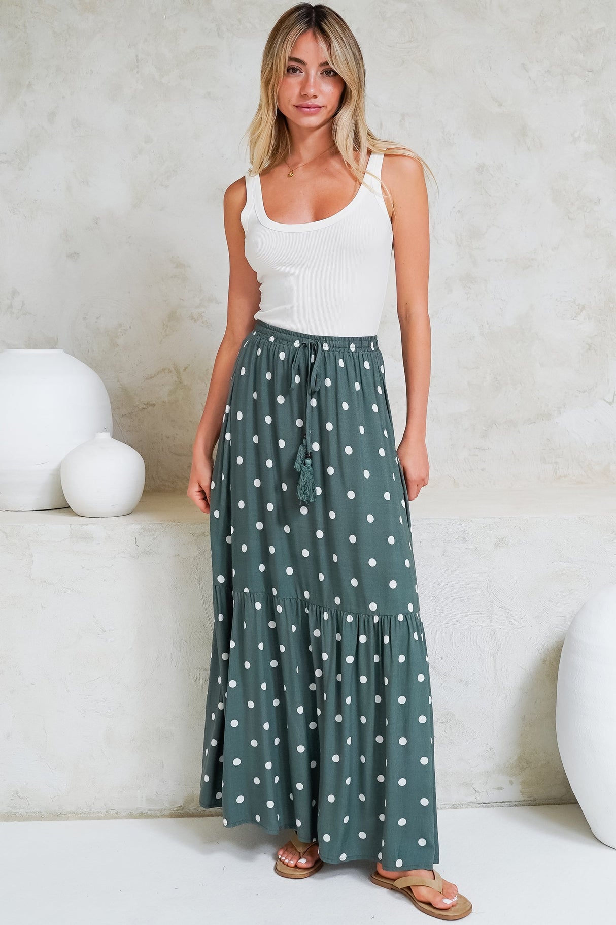 Hellen Maxi Skirt - High Waisted Skirt with Front Splits in Parisian Polka Print Khaki