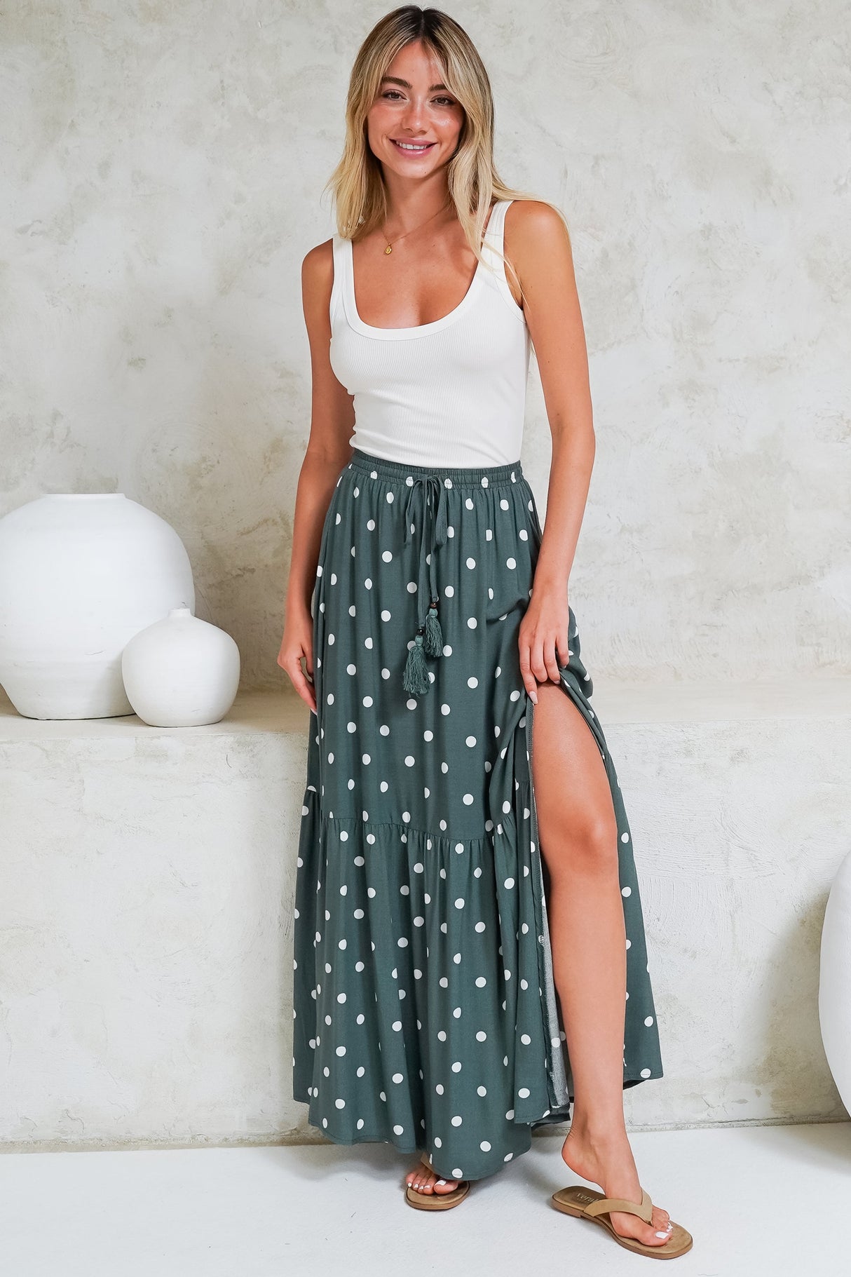 Hellen Maxi Skirt - High Waisted Skirt with Front Splits in Parisian Polka Print Khaki