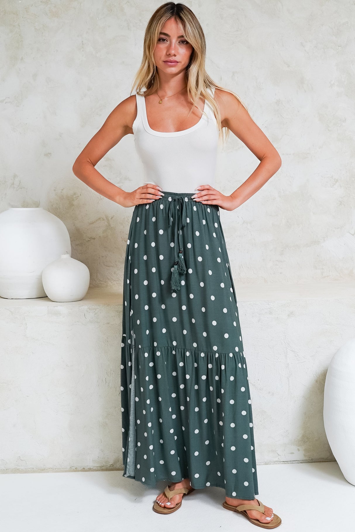 Hellen Maxi Skirt - High Waisted Skirt with Front Splits in Parisian Polka Print Khaki