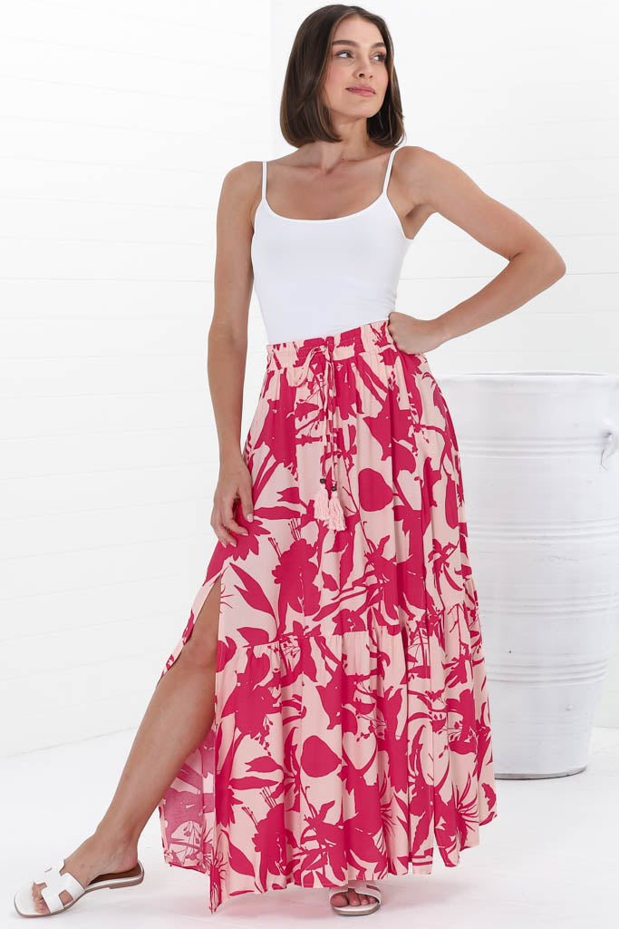 Hellen Maxi Skirt - High Waisted Skirt with Front Splits in Patty Print Pink