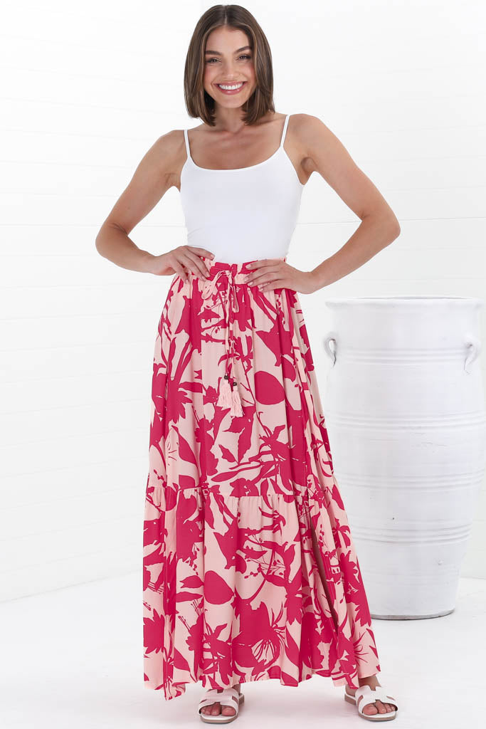 Hellen Maxi Skirt - High Waisted Skirt with Front Splits in Patty Print Pink