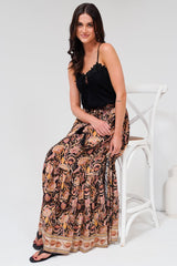 Hellen Maxi Skirt - High Waisted Skirt with Front Splits in Pree Print Black