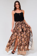 Hellen Maxi Skirt - High Waisted Skirt with Front Splits in Pree Print Black