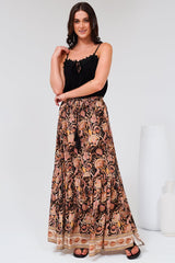 Hellen Maxi Skirt - High Waisted Skirt with Front Splits in Pree Print Black