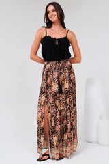 Hellen Maxi Skirt - High Waisted Skirt with Front Splits in Pree Print Black