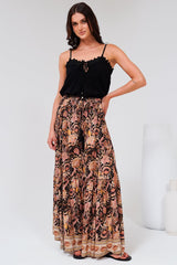 Hellen Maxi Skirt - High Waisted Skirt with Front Splits in Pree Print Black