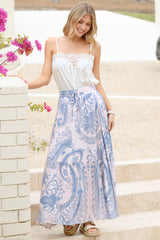 Hellen Maxi Skirt - High Waisted Skirt with Front Splits in Thaydra Print Blue