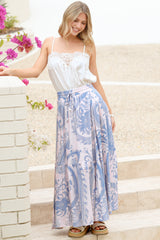Hellen Maxi Skirt - High Waisted Skirt with Front Splits in Thaydra Print Blue