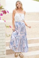 Hellen Maxi Skirt - High Waisted Skirt with Front Splits in Thaydra Print Blue