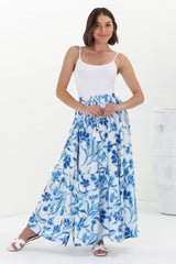 Hellen Maxi Skirt - High Waisted Skirt with Front Splits in Braley Print Blue