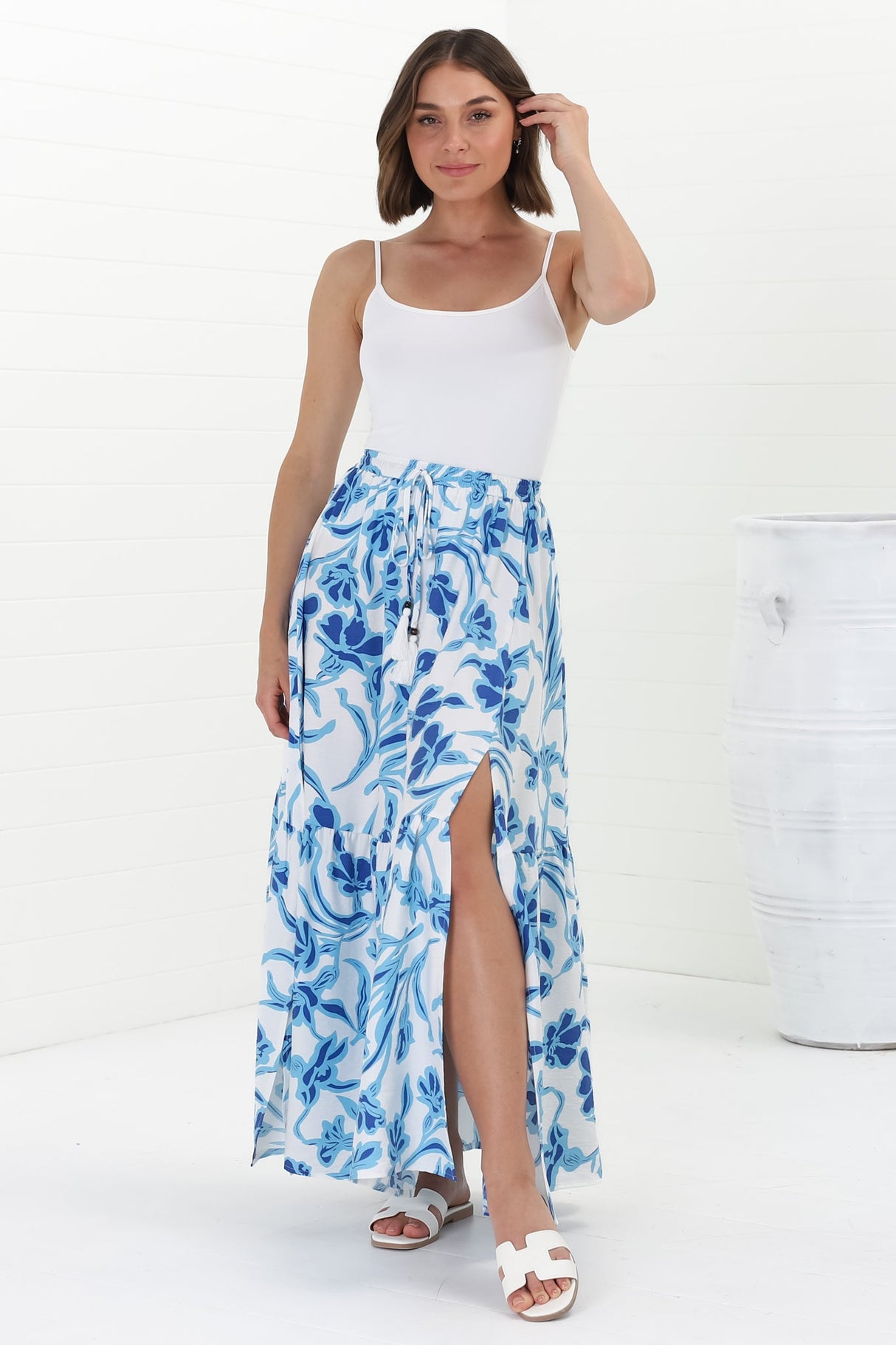 Hellen Maxi Skirt - High Waisted Skirt with Front Splits in Braley Print Blue