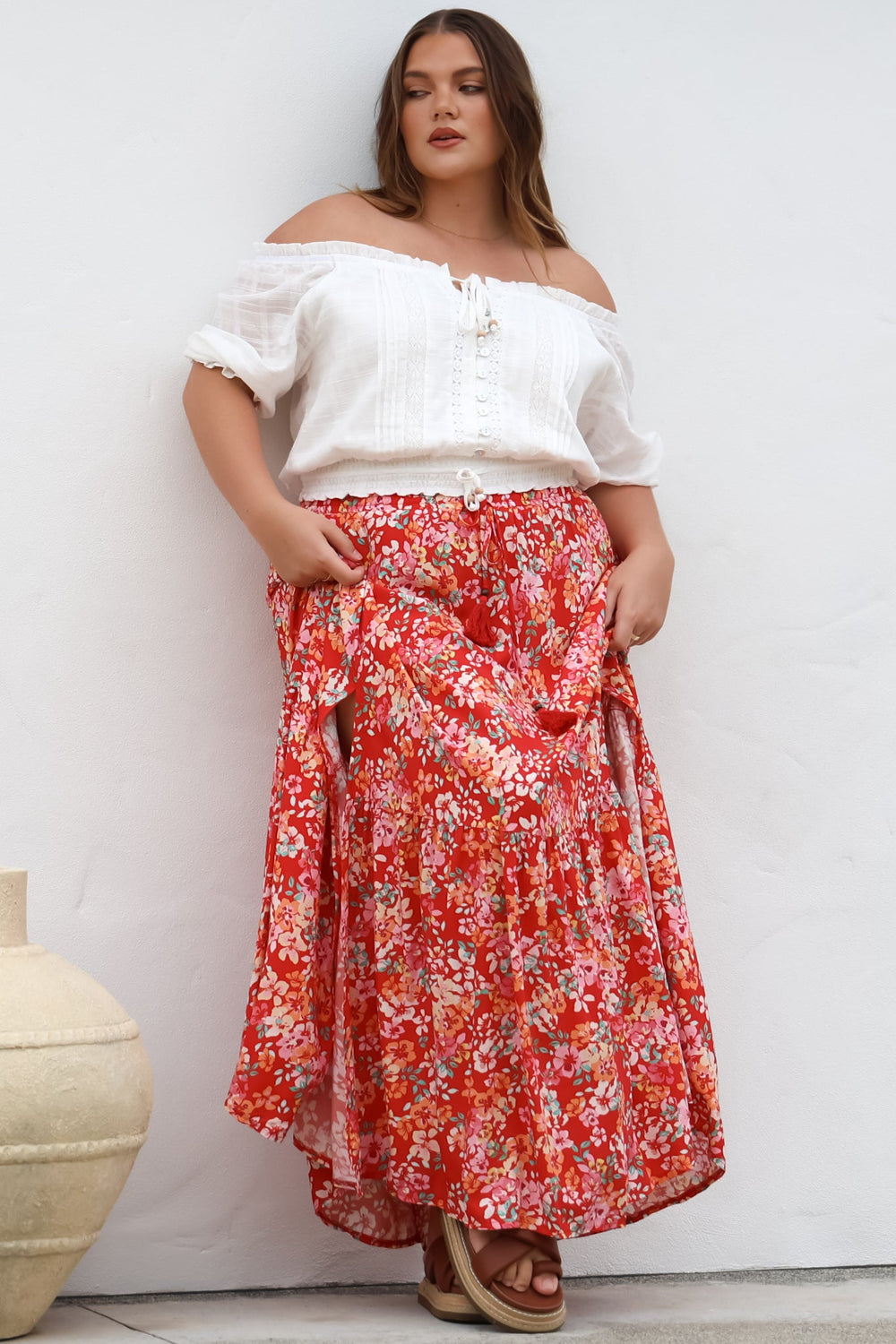 Hellen Maxi Skirt - High Waisted Skirt with Front Splits in Florentina Print Red