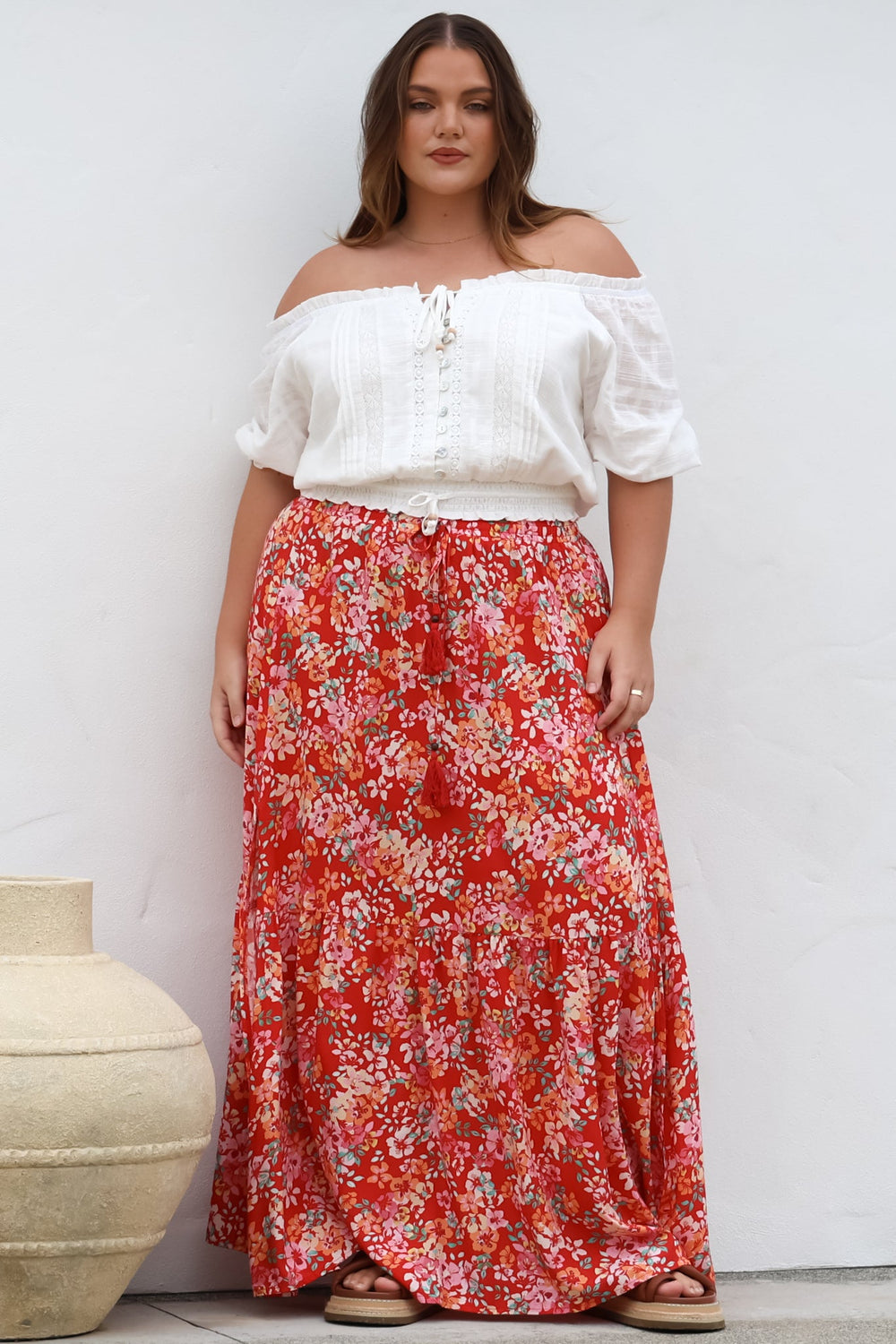 Hellen Maxi Skirt - High Waisted Skirt with Front Splits in Florentina Print Red