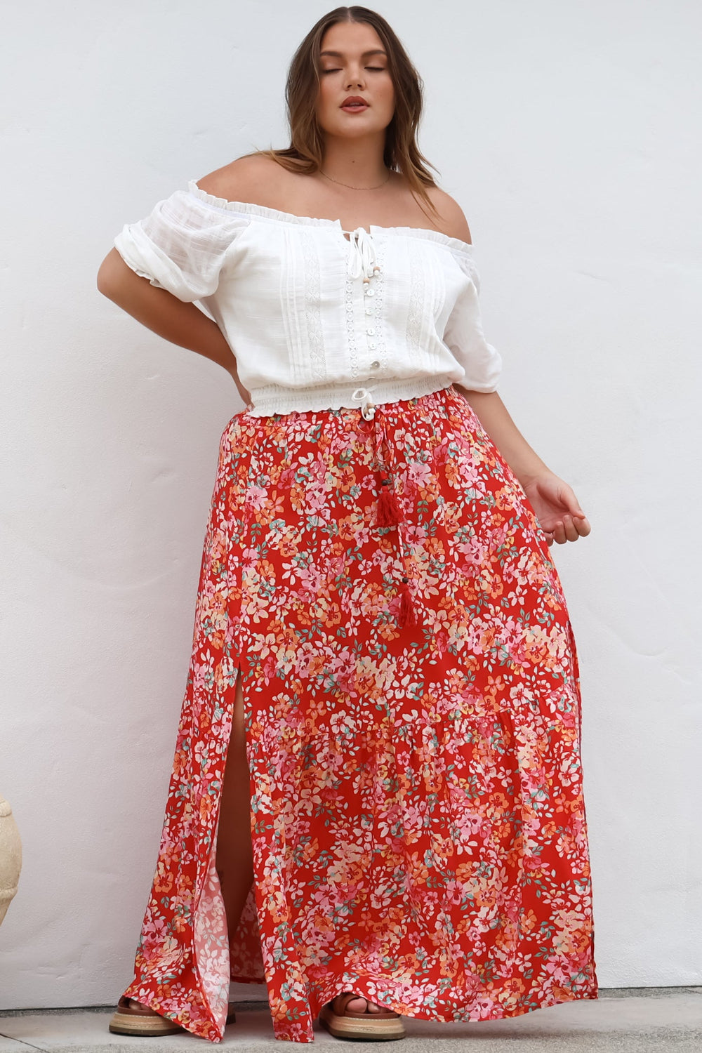 Hellen Maxi Skirt - High Waisted Skirt with Front Splits in Florentina Print Red