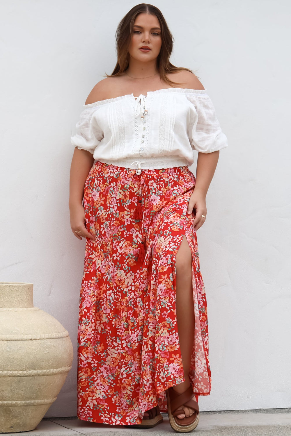 Hellen Maxi Skirt - High Waisted Skirt with Front Splits in Florentina Print Red