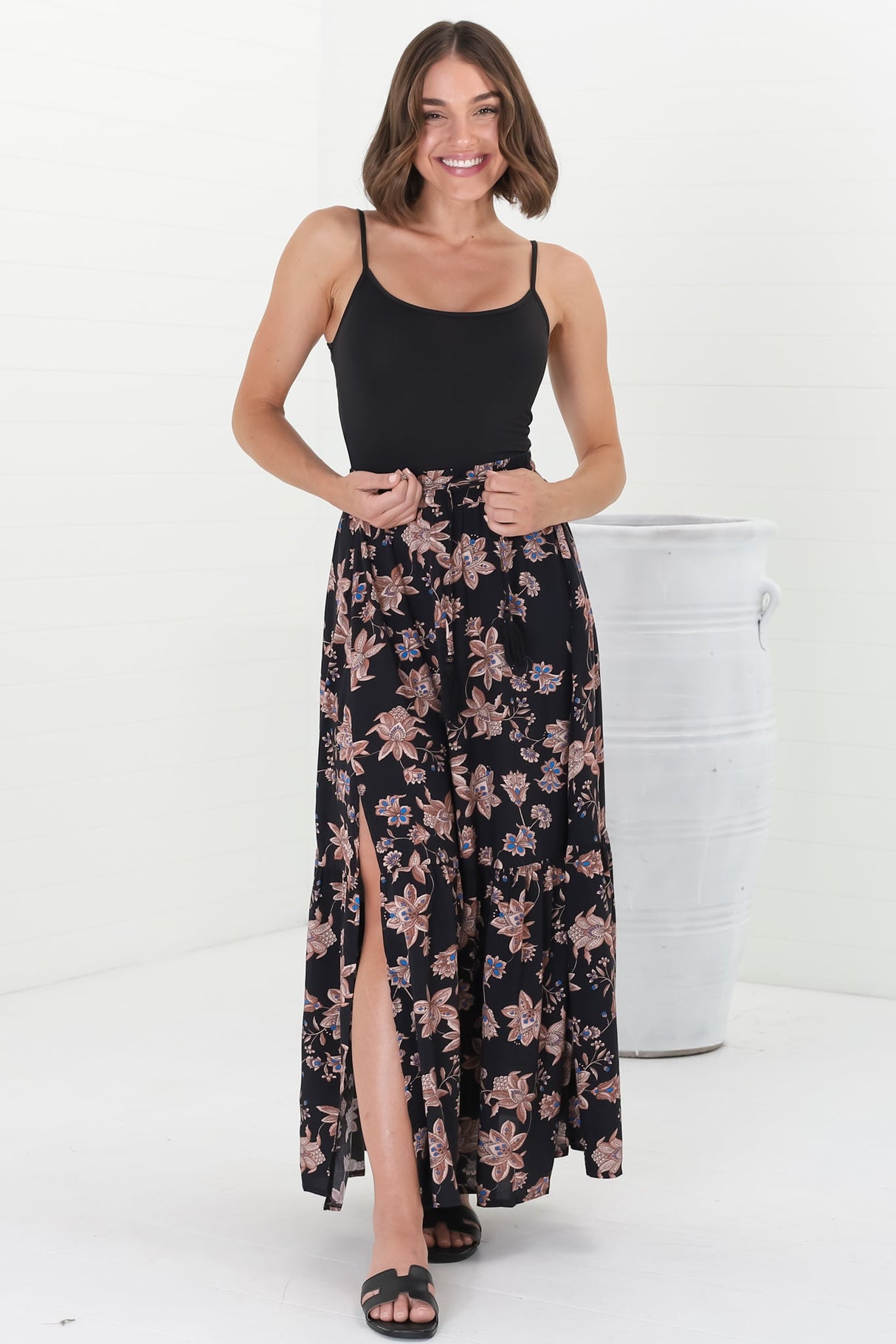 Hellen Maxi Skirt - High Waisted Skirt with Front Splits in Halara Print Black