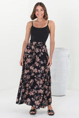 Hellen Maxi Skirt - High Waisted Skirt with Front Splits in Halara Print Black