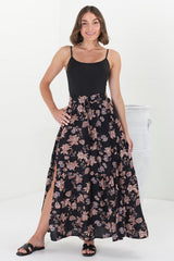 Hellen Maxi Skirt - High Waisted Skirt with Front Splits in Halara Print Black