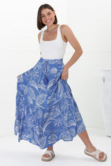 Hellen Maxi Skirt - High Waisted Skirt with Front Splits in Havanna Print Blue