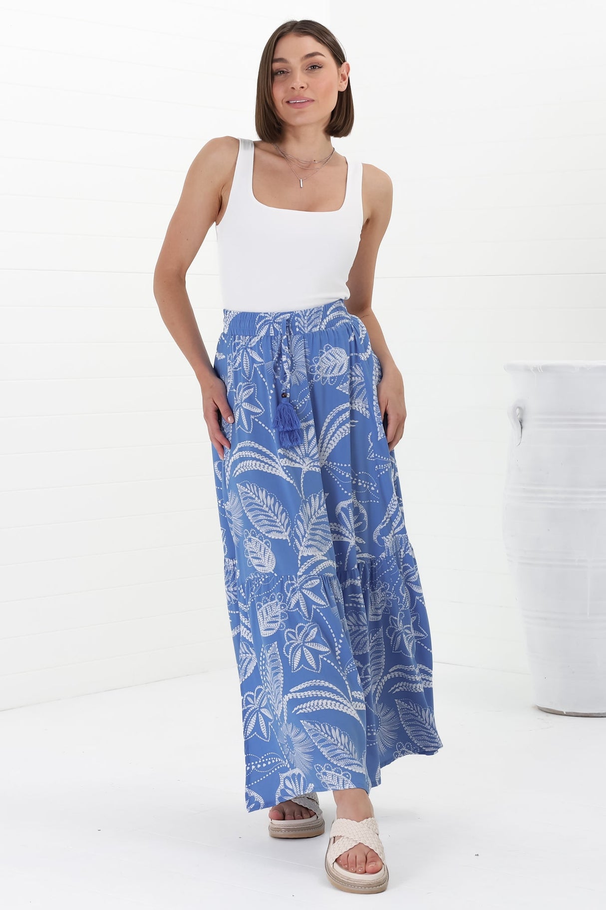 Hellen Maxi Skirt - High Waisted Skirt with Front Splits in Havanna Print Blue