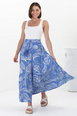 Hellen Maxi Skirt - High Waisted Skirt with Front Splits in Havanna Print Blue