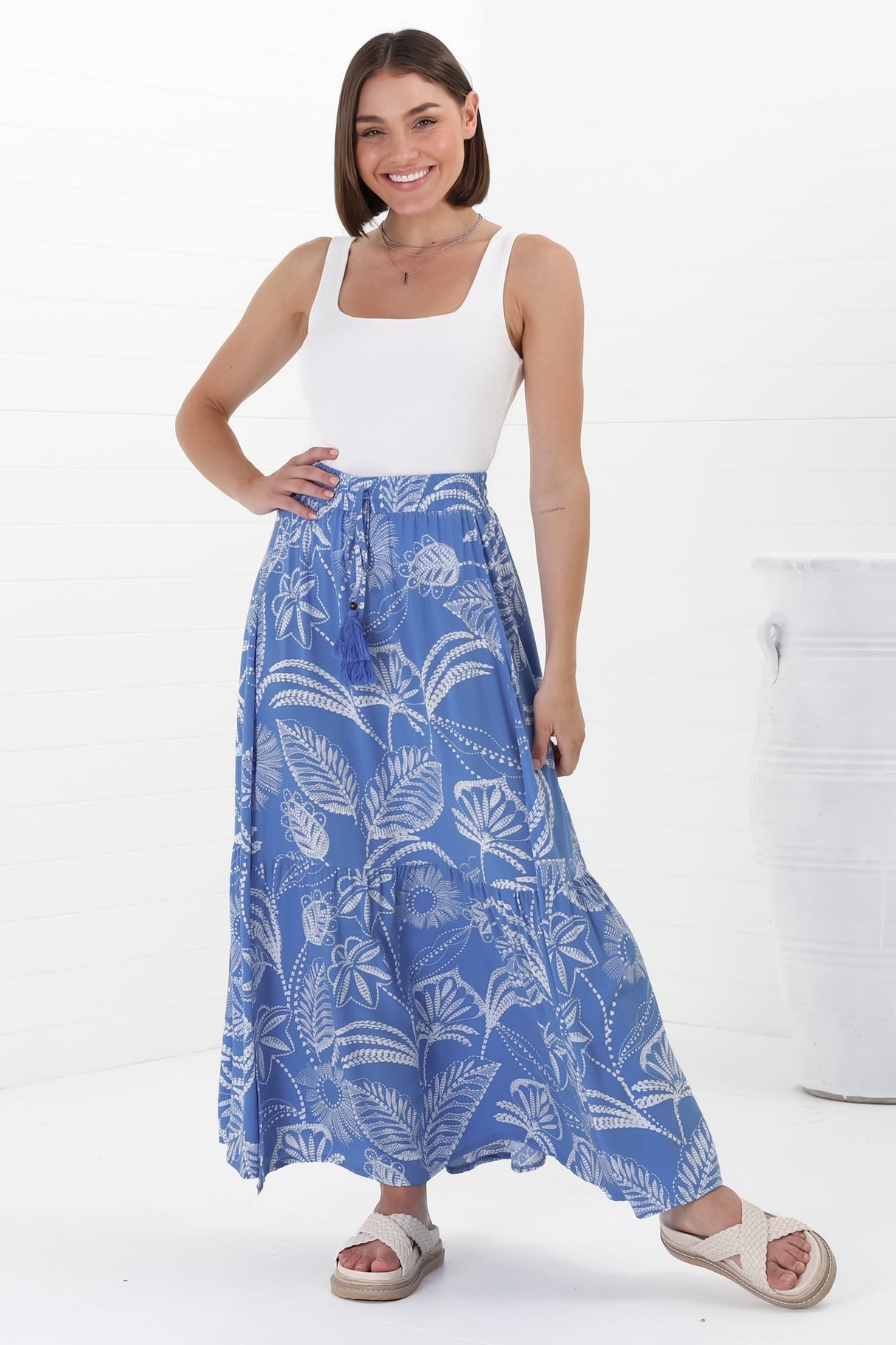 Hellen Maxi Skirt - High Waisted Skirt with Front Splits in Havanna Print Blue