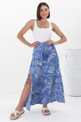 Hellen Maxi Skirt - High Waisted Skirt with Front Splits in Havanna Print Blue