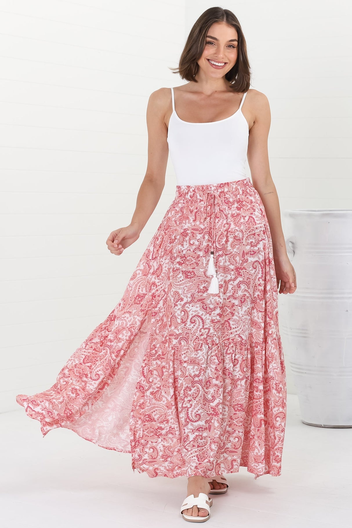 Hellen Maxi Skirt - High Waisted Skirt with Front Splits in Henrietta Print Pink