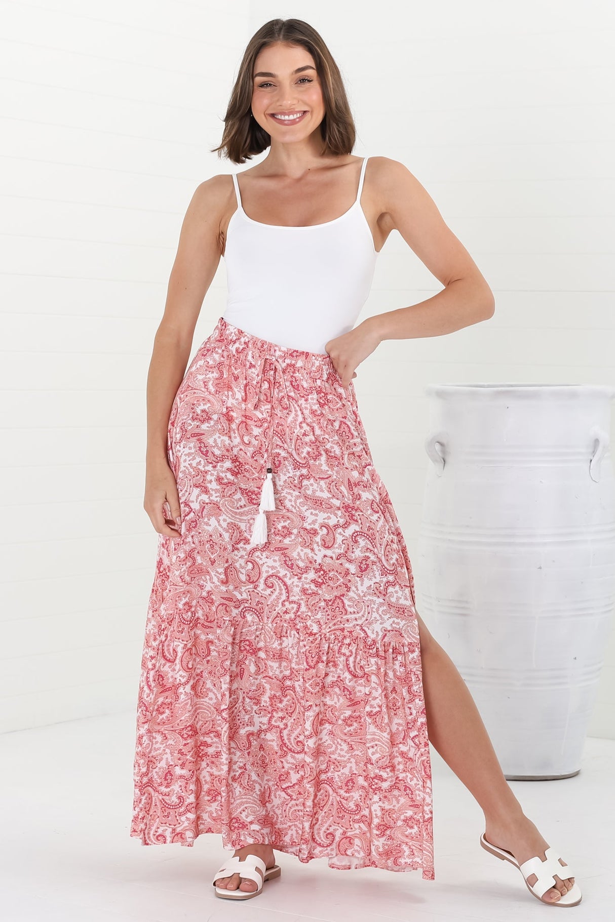 Hellen Maxi Skirt - High Waisted Skirt with Front Splits in Henrietta Print Pink