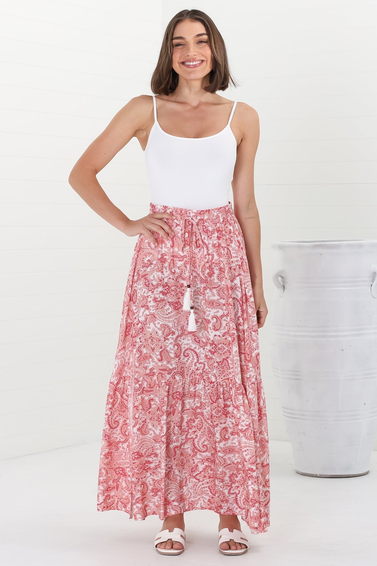 Hellen Maxi Skirt - High Waisted Skirt with Front Splits in Henrietta Print Pink