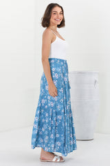 Hellen Maxi Skirt - High Waisted Skirt with Front Splits in Ishaka Print Blue